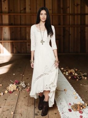 Free People Mexican Wedding Dress In Ivory Sz 4 High-low Boho Style Embroidered